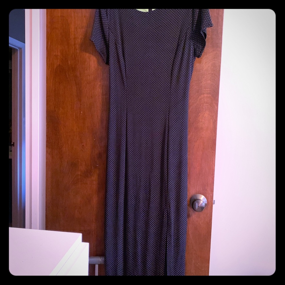Black polka dot dress.